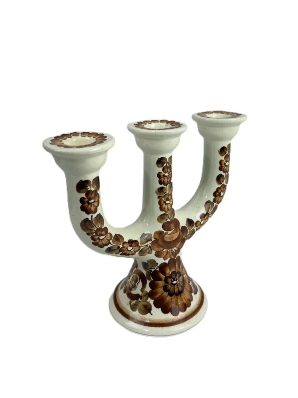 Vintage Polish Hand-Painted Ceramic Candelabra Mid-Century 3-Arm Candle Holder